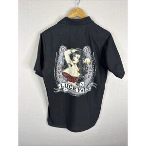 Lucky 13 Men M Button Short Sleeve Shirt Lady Women Graphic Lewd Sexy Pin Up